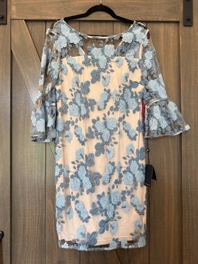 Adrianna Papell Blue Lace Floral Illusion Sleeve Dress